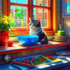 Cat sitting by blue bowl on sunlit windowsill with lush green plants and kitchen sink.