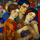 Stylized women in vibrant mosaic embrace