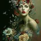 Woman with Floral Headdress and Butterflies in Dark Background