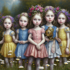 Five girls with large eyes in flower crowns in countryside field