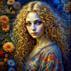 Curly blond hair girl with flowers and bird in vibrant digital painting