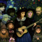 Stylized painting of five children with guitar in Van Gogh-inspired landscape