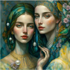 Fantasy portrait of two women with floral adornments in lush greenery