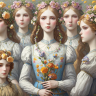 Victorian-style illustration of five women with porcelain skin and vintage floral dresses