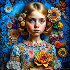 Blond Braided Hair Girl Surrounded by Floral Patterns