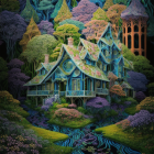 Fantasy treehouse illustration with intricate designs in lush greenery