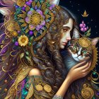 Detailed Woman Embracing Large Cat in Ornate Setting