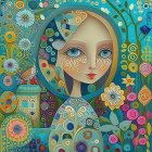 Vibrant illustration of young girl with blue eyes in floral garden