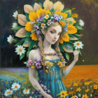 Vibrant woman with sunflower headpiece in detailed floral setting