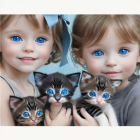 Illustrated young girls with expressive eyes holding kittens on starry backdrop