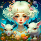 Young girl with blue eyes, blond hair, pigs, blossoms, and butterflies