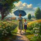 Woman and child with blue umbrella walk in rain among flowers.