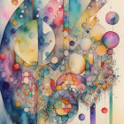 Colorful Watercolor Painting of Leaves and Bubbles in Warm and Cool Hues