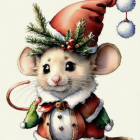 Winter-themed mouse illustration with Santa hat and holly berries coat in snowfall