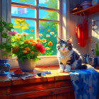 Colorful Cat on Kitchen Windowsill Beside Apple and Blooming Flowers