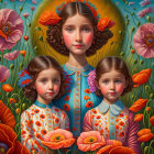 Three stylized doll-like characters with floral backgrounds and intricate clothing.