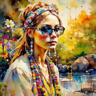 Colorful portrait of woman with sunglasses and patterned hat in nature.