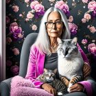 Silver-haired woman with glasses, cats, and floral backdrop in green chair