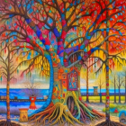 Colorful Psychedelic Tree Painting with Lanterns and Lake