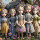 Four girls in vintage dresses and hats surrounded by roses in a dreamy setting