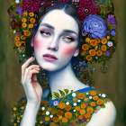 Vibrant makeup woman with flowers and birds in colorful illustration