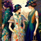 Vintage Attire: Elegant Women in Floral Designs & Stylish Hats