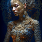 Intricate digital artwork of a woman with golden tattoos and floral headdress