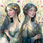 Stylized blue hair women among daisies with golden floral backdrop