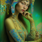 Elaborate blue and gold attire on pensive woman among lush floral patterns