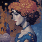 Woman with floral hair and castle in moonlit Art Nouveau illustration