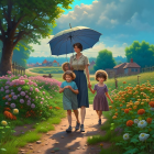 Woman and children walking in rain with umbrella through flower-lined path