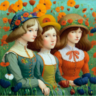 Three stylized girls with floral hats in a poppy field - serene and whimsical.