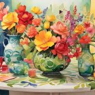 Vibrant floral arrangements on colorful table setting