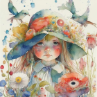 Young girl in floral hat with birds and flowers.