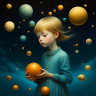 Serene young girl among floating planets and glowing orange sphere