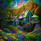Whimsical cottage in vibrant, psychedelic landscape