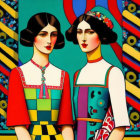 Stylized female figures in geometric outfits on vibrant background