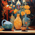 Vibrant Flower Vases Still-Life Painting on Dark Background