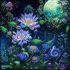 Vibrant blue and purple flowers under starlit sky with moon and planets