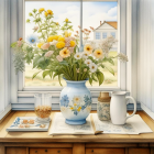 Tranquil watercolor still life with vase, flowers, table, and window