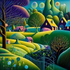 Colorful Village Painting with Surreal Foreground & Starry Sky