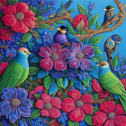 Colorful flowers and birds in vibrant nature scene