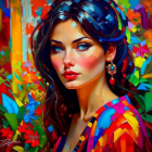 Colorful painting of woman with blue eyes in floral mosaic.