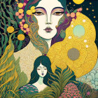 Artwork of Two Female Figures with Serene Expressions Amid Vibrant Floral Patterns