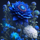 Detailed blue flowers illustration on dark background