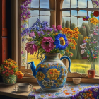 Vibrant flower bouquet in ornate teapot with cup on patterned cloth near stained glass window