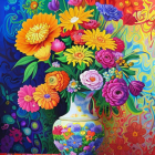 Assorted colorful flowers in decorated vase on vibrant background