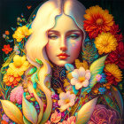 Colorful digital art: Woman's face with vibrant flowers & abstract patterns