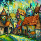 Colorful painting: Fantastical village with curved roofs, glowing windows, night sky, stars,