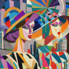 Colorful stylized female figures in patterned attire and hats against vibrant cityscape.